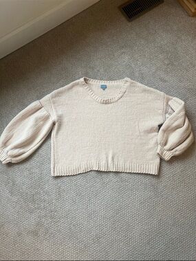Neely Cropped Cream Puff-Sleeve Crewneck Sweater